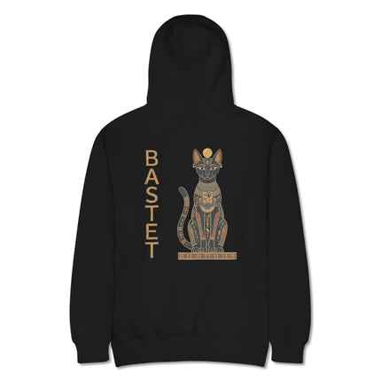 Bastet Egyptian Cat Goddess art printed on the back of a pullover hoodie design.