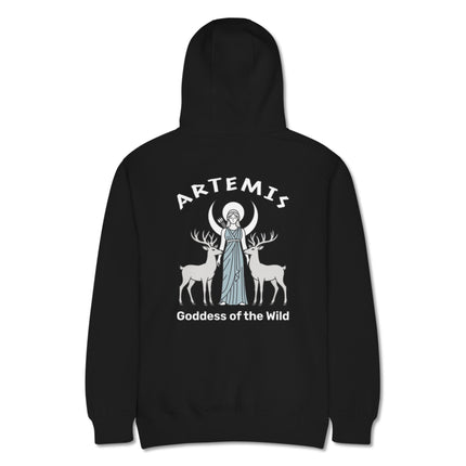 Artemis goddess back print hoodie featuring deer, crescent moon, and wild Greek mythology art.