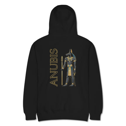 Black hoodie featuring Anubis, the Egyptian god, printed on the back with ancient mythology design.