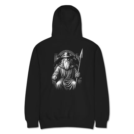 Norse Viking art of Odin God with ravens and spear printed design for pullover hoodie.