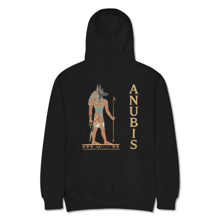 Anubis jackal god back print hoodie featuring ancient Egyptian mythology artwork.