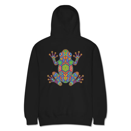 Colorful geometric Huichol frog print hoodie with indigenous style back design.