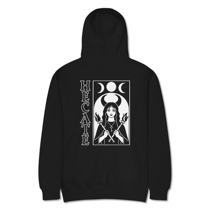Witchy Hecate Triple Moon Goddess occult graphic print on black pullover hoodie.