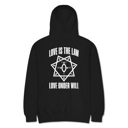 Love Is The Law Love Under Will Thelema graphic printed on a unisex pullover hoodie back print.