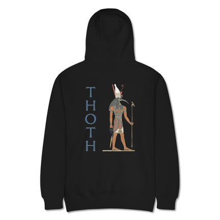 Ancient Egyptian Thoth god graphic printed on black pullover hoodie back.