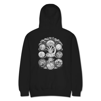 Yggdrasil World Tree graphic print hoodie featuring Norse mythology nine worlds design.