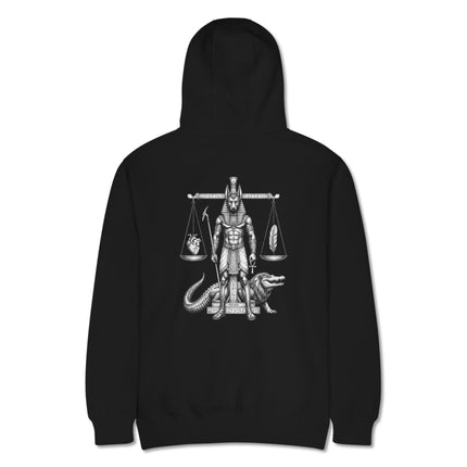 Anubis weighing heart and feather scale graphic on an Egyptian style pullover hoodie back print.