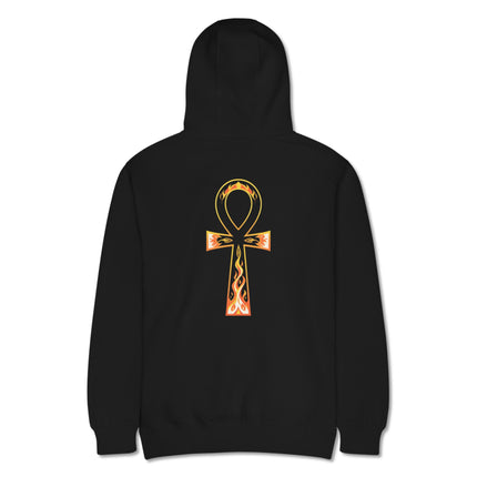 Black hoodie featuring the Ankh life symbol and stylized flame graphic print on the back.