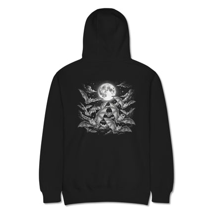 Gothic hoodie featuring flying bats and a crescent moon night sky graphic print.