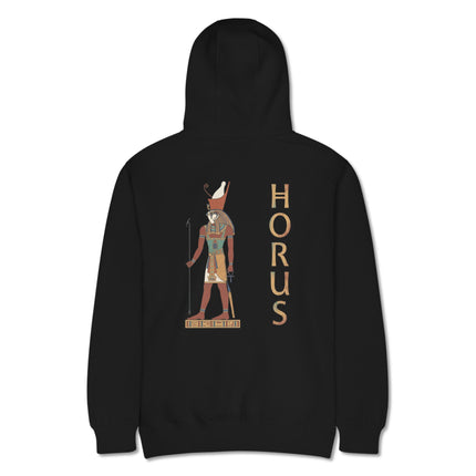 Horus Egyptian god back print hoodie featuring ancient mythology artwork.