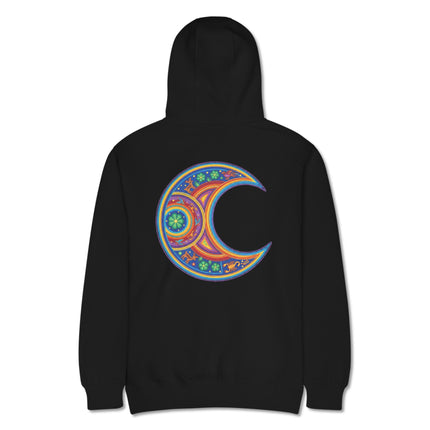 Colorful Huichol mandala moon print hoodie featuring spiritual, vibrant designs on the back.