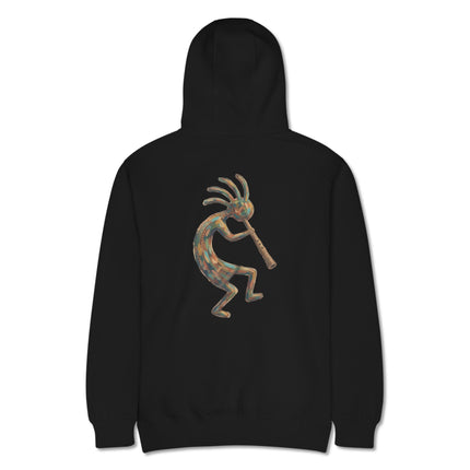 Colorful Kokopelli flute player graphic printed on a southwest style pullover hoodie.