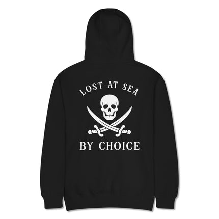 Jolly Roger skull and crossbones graphic printed on the back of a black pullover hoodie.