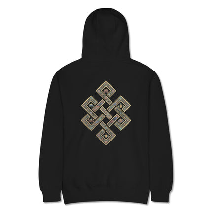 Golden endless knot Buddhist symbol printed on the back of a pullover hoodie.