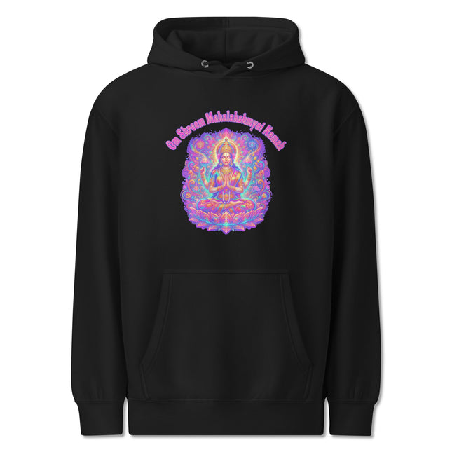 Lakshmi Goddess hoodie featuring Om Shreem Mahalakshmyai Namah mantra print pullover.