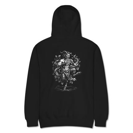 Dancing Satyr figure playing a pan flute, printed on the back of a Greek mythology pullover hoodie.