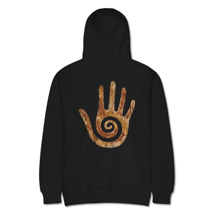 Hopi Healing Hand and spiral symbol print on the back of a comfortable pullover hoodie.