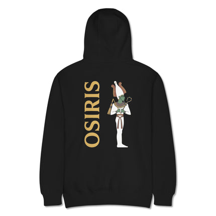 Ancient Osiris god mythology print on black pullover fleece hoodie featuring Egyptian artwork.