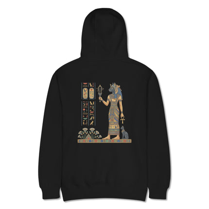Bastet Egyptian cat goddess hoodie featuring detailed hieroglyphics and Ankh symbols print.