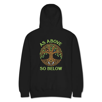 Celtic Tree of Life hoodie featuring the Yggdrasil design; As Above So Below pagan back print.