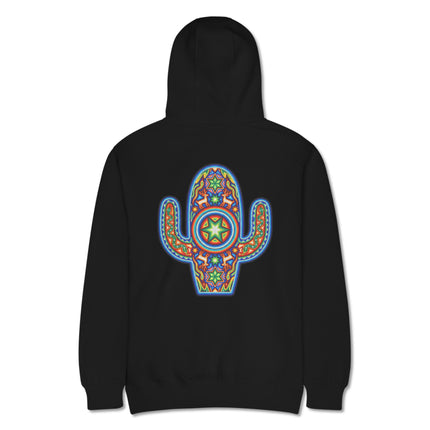 Back view of colorful Huichol cactus art printed on a pullover hoodie, featuring Mexican indigenous designs.