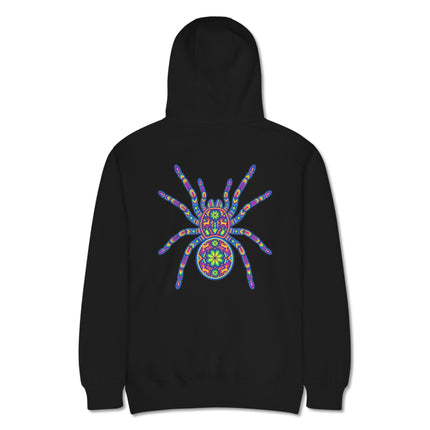 Colorful Huichol tarantula back print hoodie featuring vibrant Mexican folk art spider design.