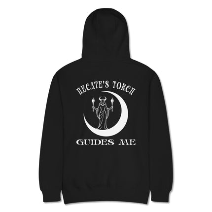 Hecate's Torch Guides Me Back witchy goddess moon print pullover hoodie design.