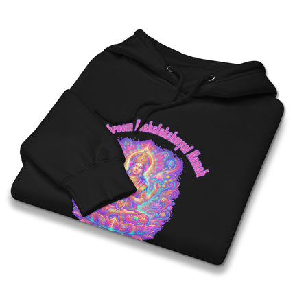 Hindu Lakshmi Goddess mantra pullover hoodie featuring Om Shreem Mahalakshmyai Namah print.