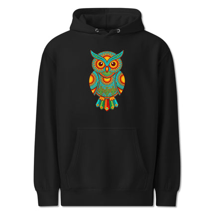 Vibrant Huichol owl graphic hoodie featuring Mexican tribal folk art pullover fleece design.