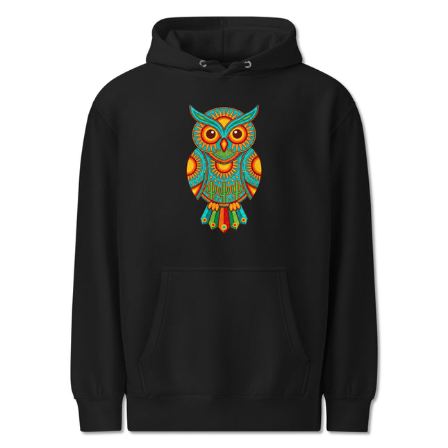 Huichol Owl Hoodie | Vibrant Mexican Tribal Folk Art Graphic Pullover Fleece