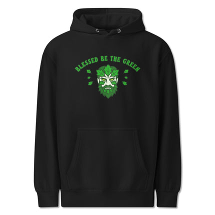 Green Man nature spirit hoodie featuring earthy pagan art print on a pullover sweatshirt.