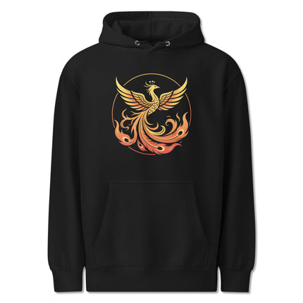 Phoenix rising from flames graphic on a unisex pullover hoodie.