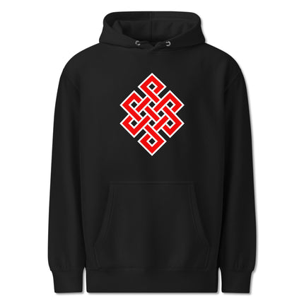 Unisex fleece hoodie featuring the red Endless Knot Buddhist symbol graphic print.