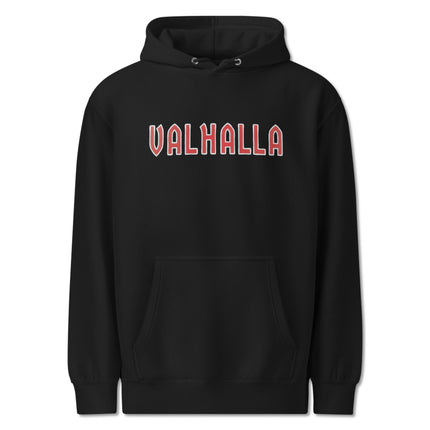 Viking Valhalla Norse mythology graphic pullover fleece hoodie with text print.