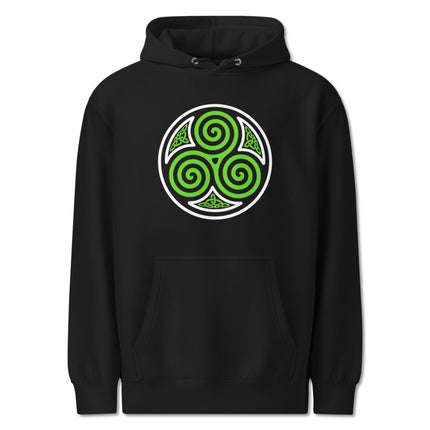 Green Celtic Triskelion triple spiral graphic on a unisex pullover fleece hoodie.