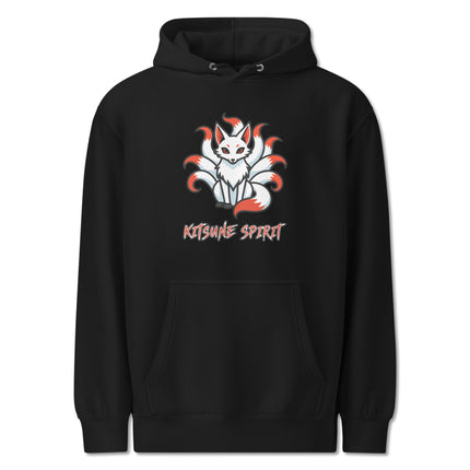 Nine-tailed Kitsune fox spirit graphic on a unisex Japanese folklore pullover hoodie.