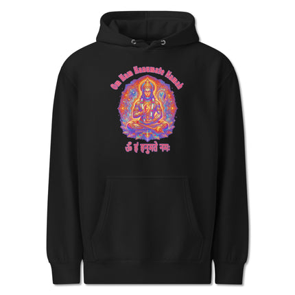 Om Ham Hanumate Namah Lord Hanuman mantra print pullover hoodie design.