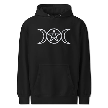 Wiccan triple moon and pentagram graphic pullover fleece hoodie for goddess style.