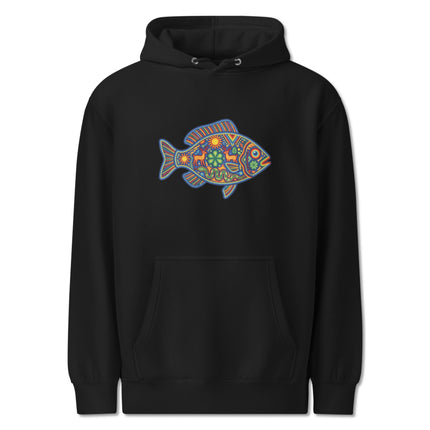 Colorful Huichol folk art pullover hoodie featuring vibrant Mexican designs of fish, deer, and sun.