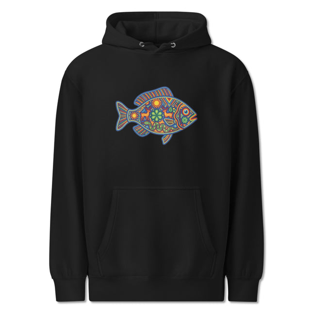 Huichol Fish Hoodie | Colorful Mexican Folk Art Deer Sun Pullover Hoodie