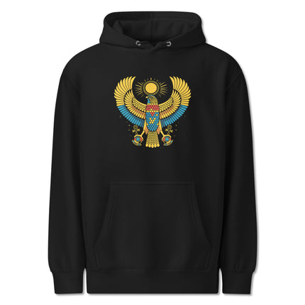 Ancient Egyptian Ra Falcon god graphic print on a unisex pullover hoodie.