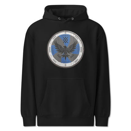 Raven shield viking hoodie featuring Norse mythology and pagan warrior art design.