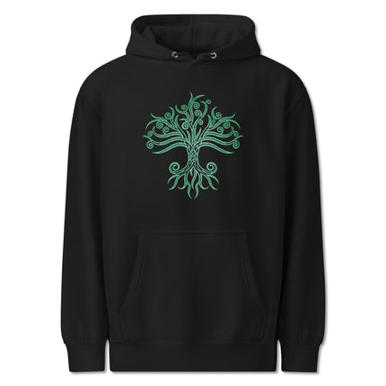 Green Celtic Tree of Life world tree graphic on a unisex pullover hoodie.