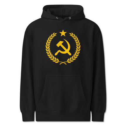 Gold pullover featuring a hammer and sickle emblem within a laurel wreath socialist design.