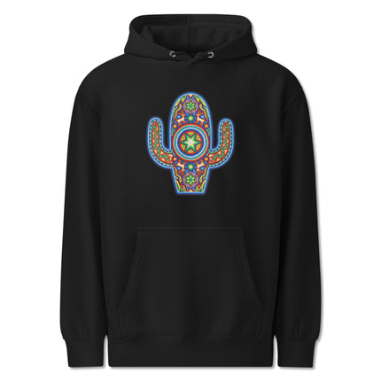 Vibrant Huichol cactus art hoodie featuring traditional Mexican indigenous patterns.