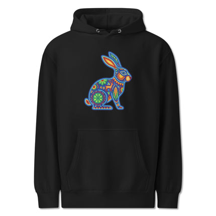 Vibrant Huichol rabbit folk art design printed on a colorful pullover hoodie.
