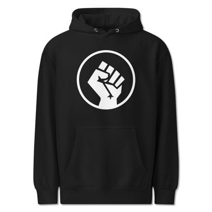 Socialist raised fist symbol pullover hoodie design for protest and activist wear.
