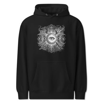 Triple Moon Eye spiritual awakening graphic printed on a cozy hoodie design.