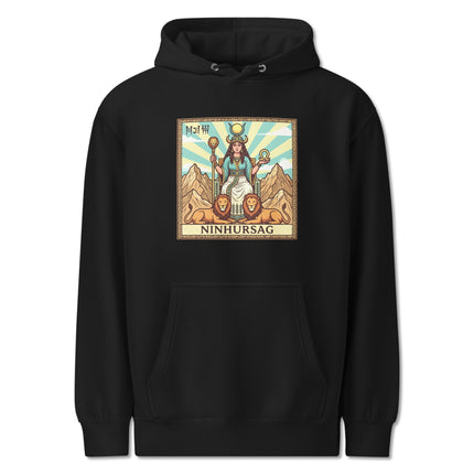 Sumerian goddess Ninhursag and Mesopotamian lion graphic print on a mythology pullover hoodie.