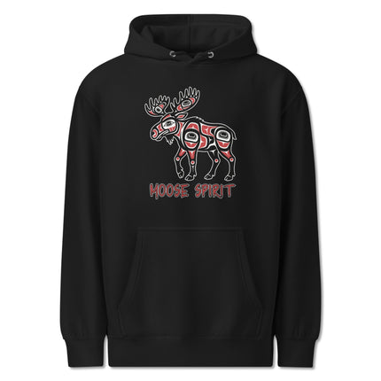 Indigenous art moose graphic on a Pacific Northwest style pullover hoodie.